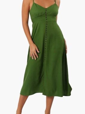 Petal & Pup Olive Green Button-Front Midi Dress